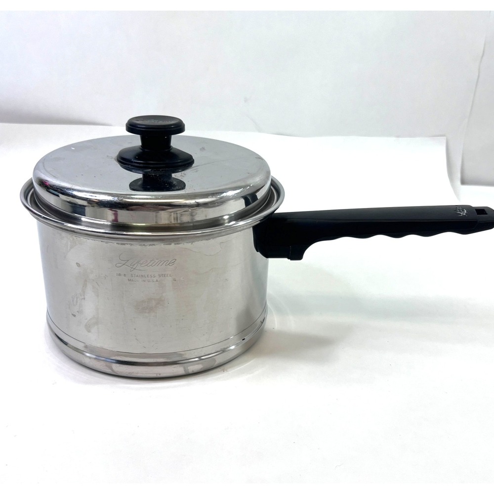 Lifetime 18-8 Stainless Steel 3 Qt Saucepan with Lid Wood Handle USA 7.5x4" USA